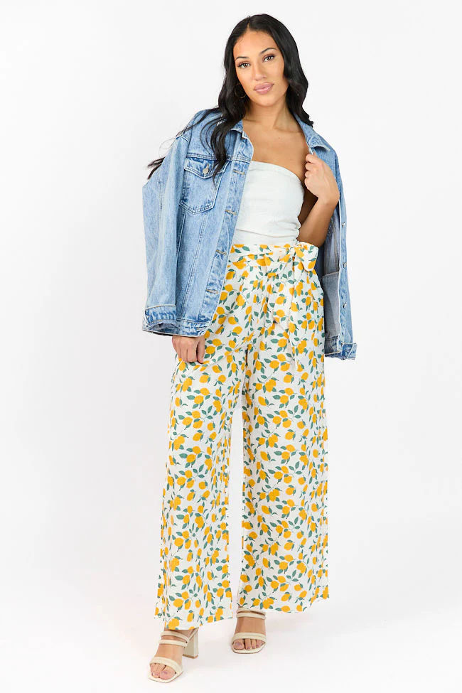 Main Squeeze Ivory Lemon Print Belted Wide Leg Pants FINAL SALE - Terpint