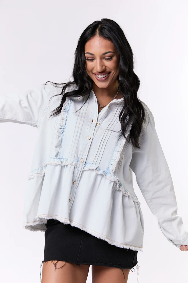 Here To Prove Light Wash Ruffle Trim Peplum Chambray Blouse SALE - Terpint