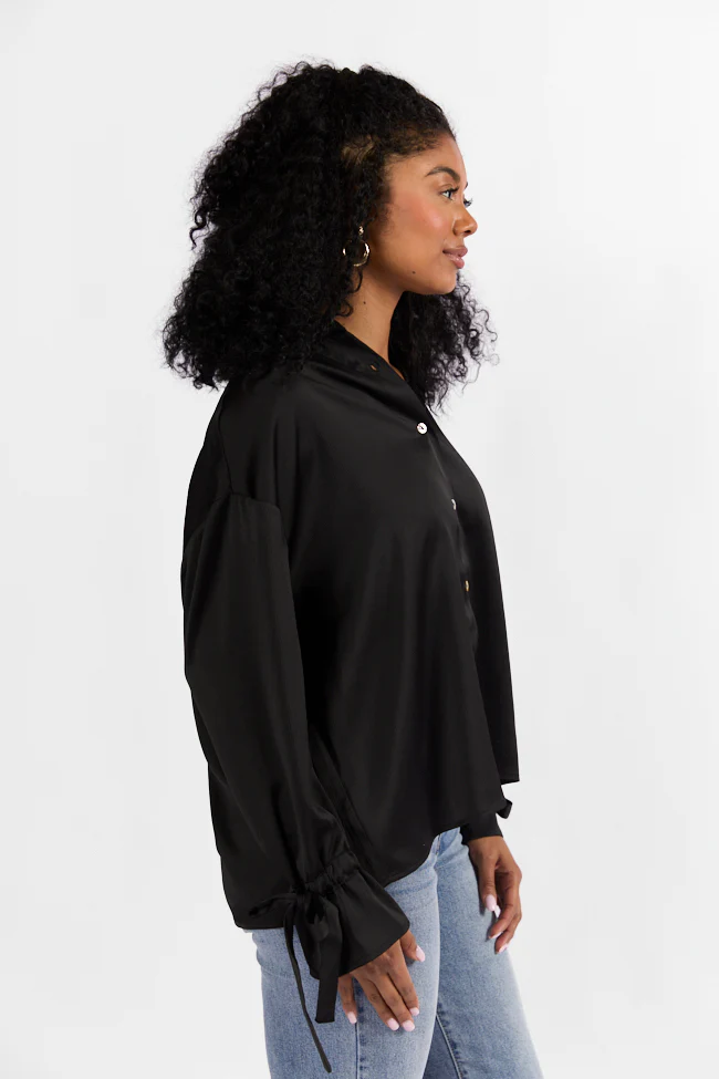 Think It Through Black Bow Cuff Satin Button Down Shirt FINAL SALE - Terpint