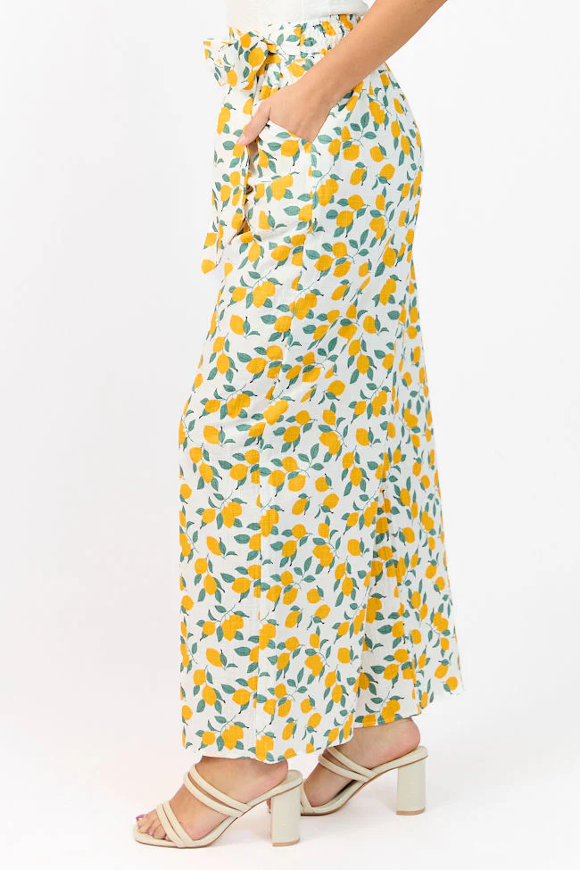 Main Squeeze Ivory Lemon Print Belted Wide Leg Pants FINAL SALE - Terpint