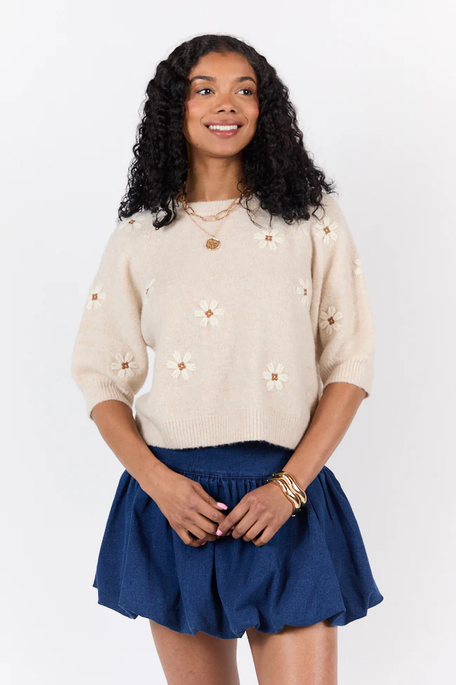 So Into You Oatmeal Short Sleeve Floral Embroidered Sweater - Terpint