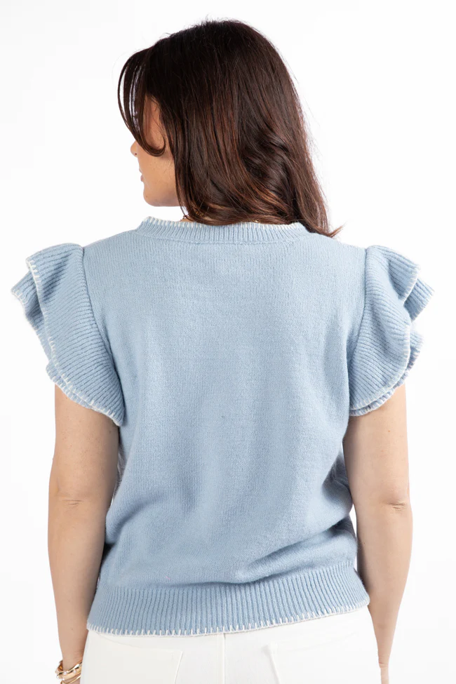 Everywhere and Back Light Blue Flutter Sleeve Stitched Detail Sweater FINAL SALE - Terpint
