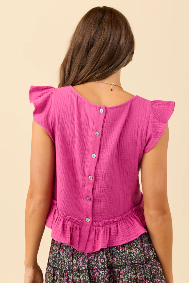 Ruby Pink Gauze Flutter Button Back Woven Blouse - Terpint