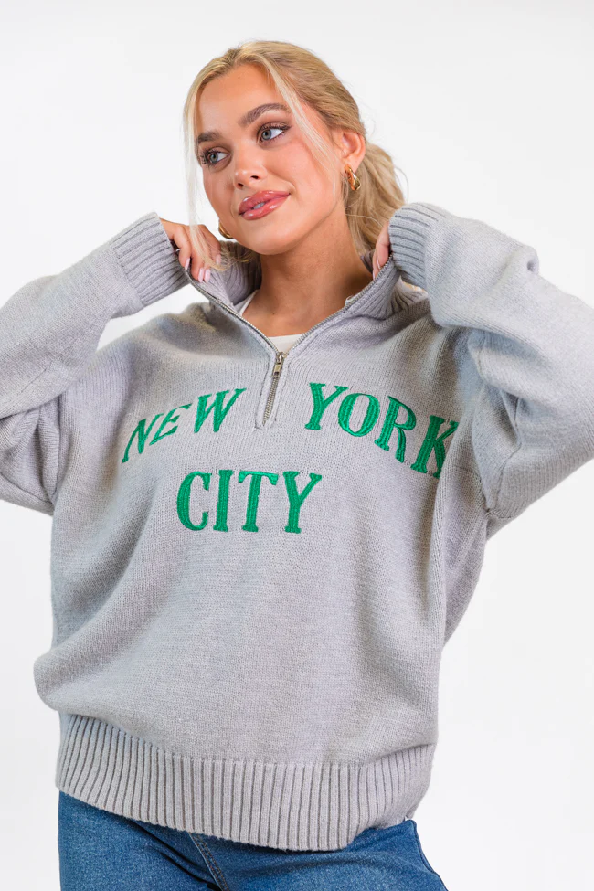 Roll With It Grey and Green New York Embroidered Quarter Zip Sweater FINAL SALE - Terpint