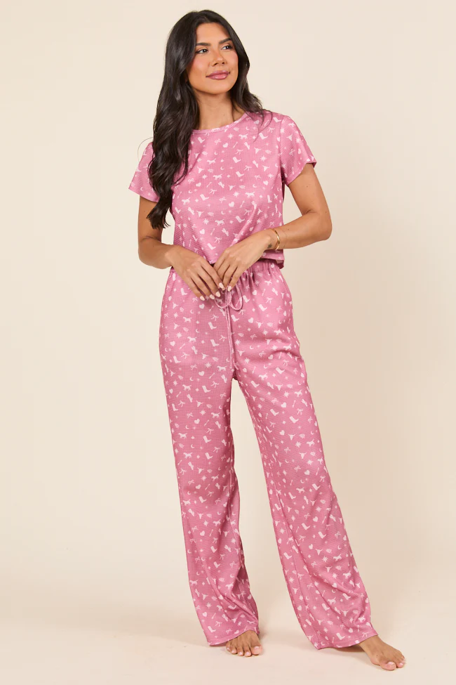 Lainey Waffle Knit Pink Western Icon Pajama Pants - Terpint