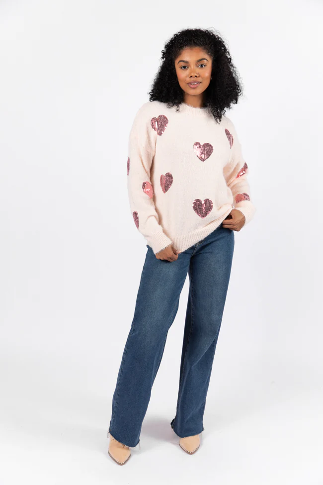 True Romance Blush Sequin Heart Sweater FINAL SALE - Terpint