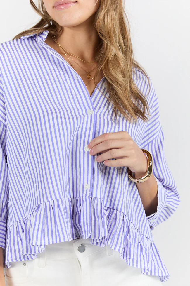 In Depth Blue Ruffle Hem Textured Stripe Button Down Top SALE - Terpint