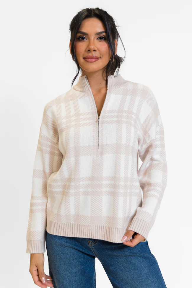 Make It Count Beige Plaid Printed Quarter Zip Pullover FINAL SALE - Terpint
