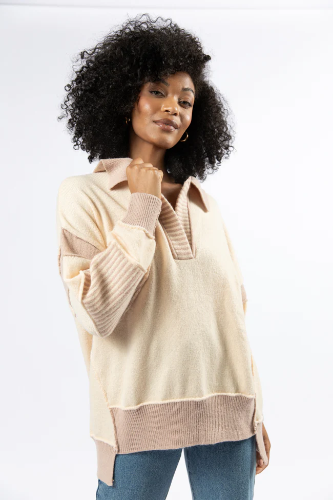 Think About It Cream and Mauve Collared Oversized Sweater - Terpint