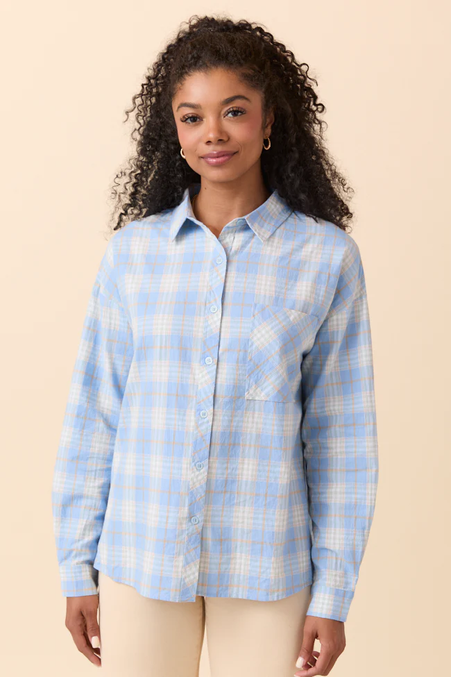 Rory Blue and Cream Plaid Button Down Top DOORBUSTER - Terpint