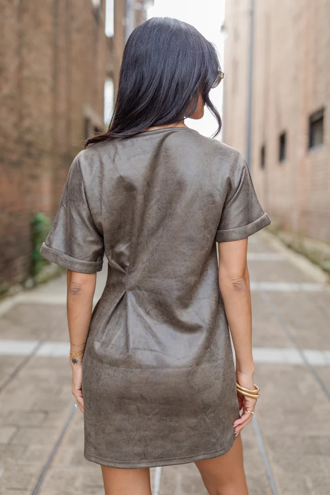 You Deserve It Mushroom Faux Leather Cinched Mini Dress FINAL SALE - Terpint