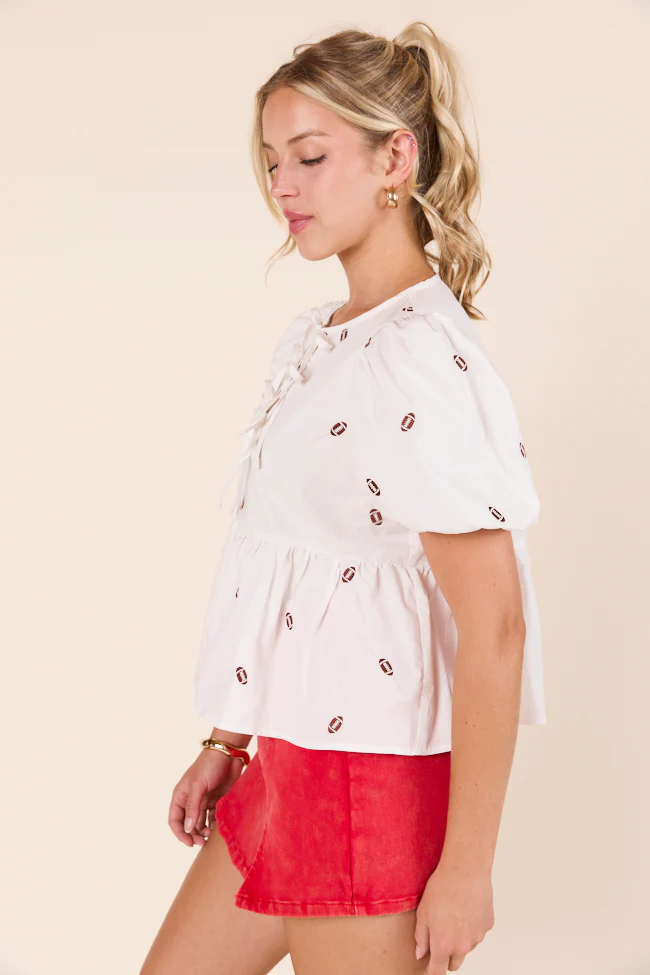 Angela Short Sleeve White Embroidered Football Peplum Top - Terpint