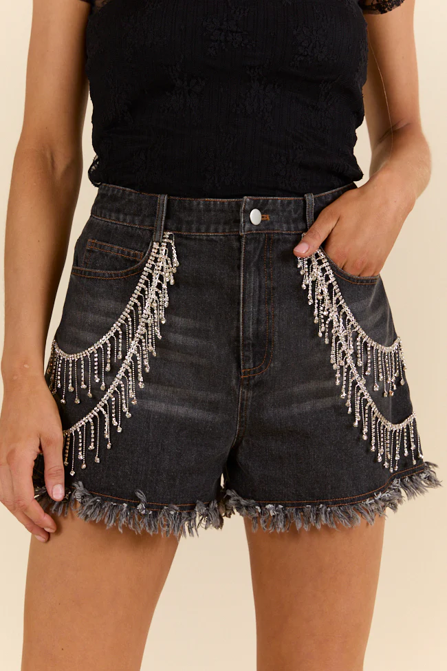 Rhinestone Riff Black Wash Embellished Denim Shorts DOORBUSTER - Terpint