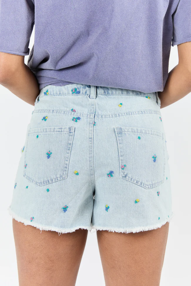 Faded Gardens Light Wash Floral Embroidered Denim Shorts SALE - Terpint