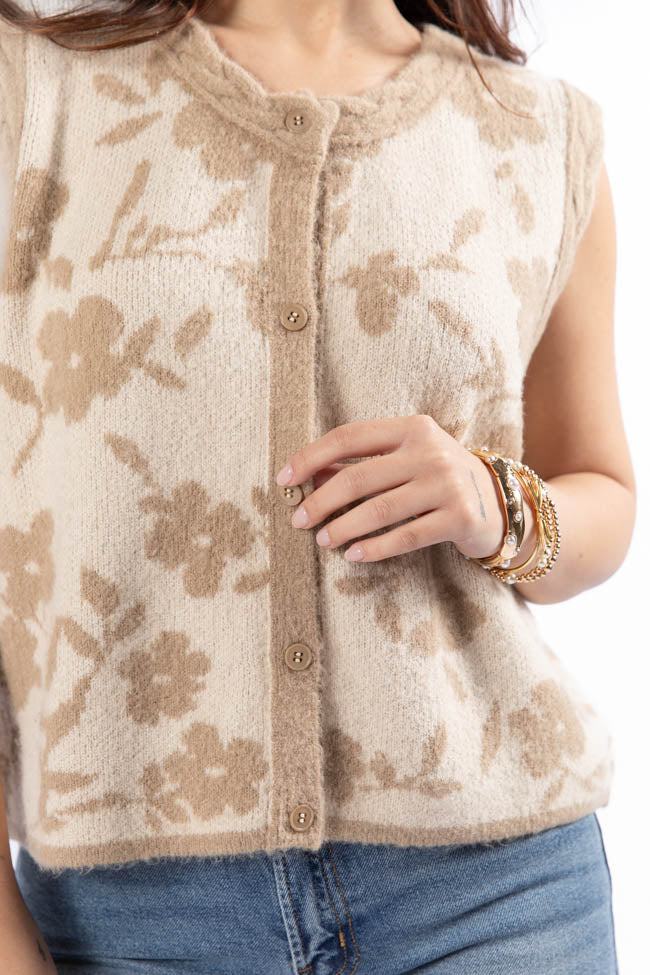 Truly Yours Natural and Taupe Floral Print Sweater Vest FINAL SALE - Terpint