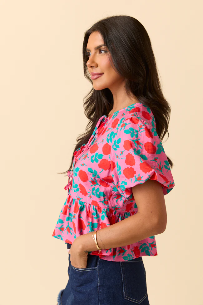 Mila Pink And Red Floral Tie Front Flounce Woven Blouse - Terpint