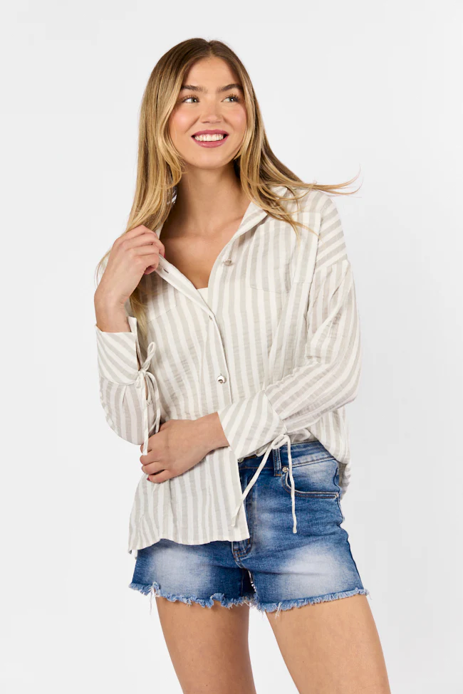 Cruel Summer Tan and Ivory Striped Gauze Button Down Top DOORBUSTER - Terpint