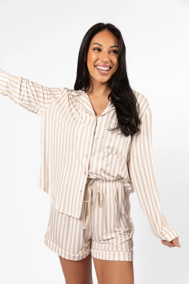 Good To Get Away Neutral Stripe Long Sleeve Pajama Top FINAL SALE - Terpint