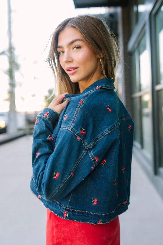 My Favorite Cherry Embroidered Stretch Denim Jacket - Terpint
