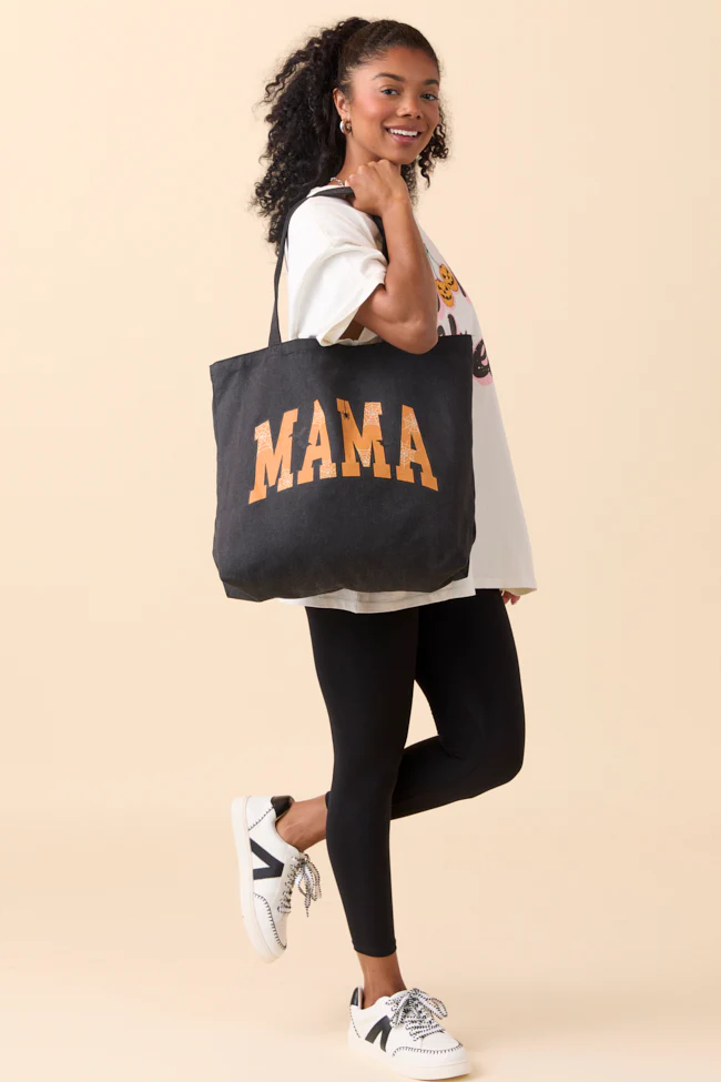 Mama Block Halloween Printed Washed Black Graphic Tote Bag - Terpint