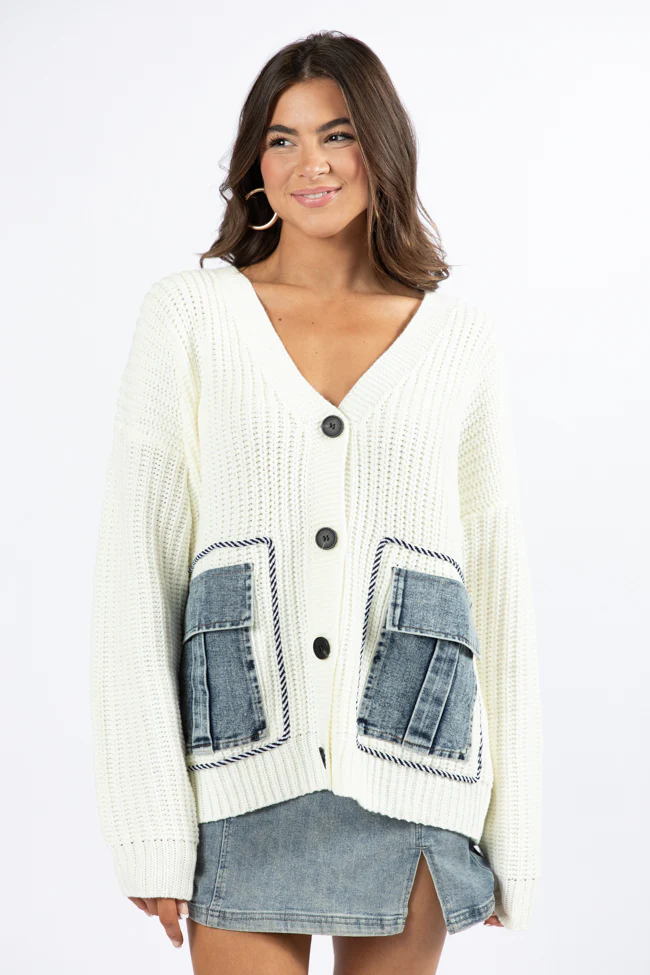 Living For Today Ivory Denim Pocket Cardigan FINAL SALE - Terpint