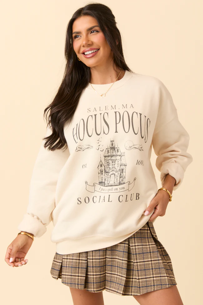 Hocus Pocus Charcoal Print Cream Graphic Sweatshirt DOORBUSTER - Terpint