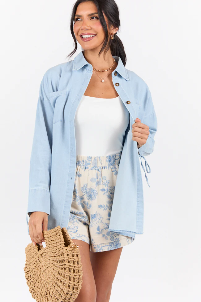 Different Plans Light Wash Chambray Button Down Blouse DOORBUSTER - Terpint