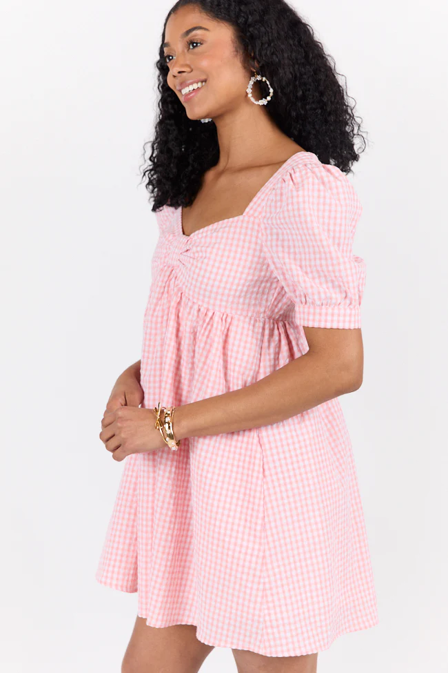 Strawberry Fields Pink Gingham Mini Dress DOORBUSTER - Terpint