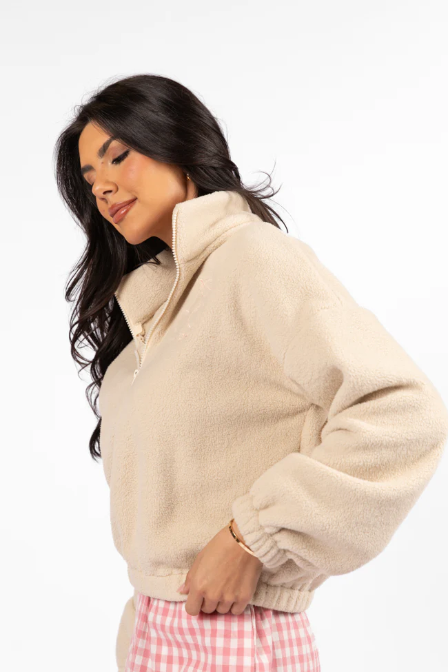 After Hours Mon Cheri Beige Embroidered Fleece Pullover FINAL SALE - Terpint