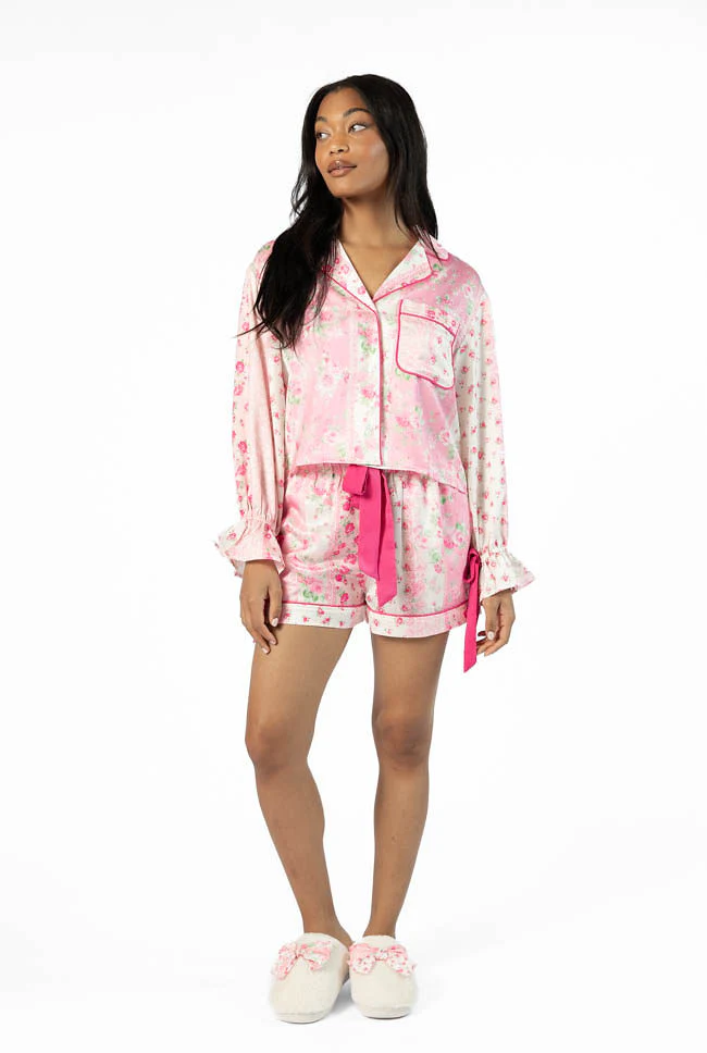 Don't Wake Me Up Pink Multi Floral Satin Pajama Shorts SALE - Terpint