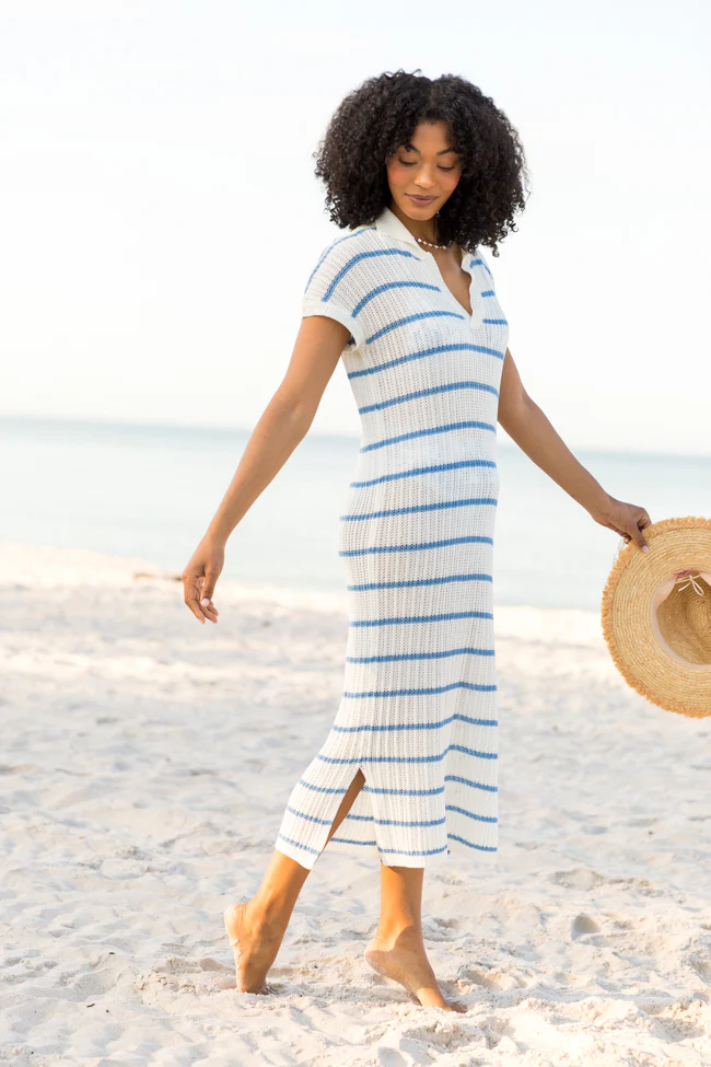 Sunset Sail Blue Striped Knit Coverup Midi Dress FINAL SALE - Terpint