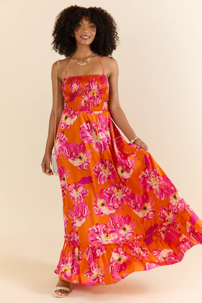 Pick Of The Summer Orange Printed Smocked Halter Maxi Dress - Terpint