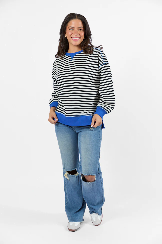 On A Dime Black and Blue Striped Sweatshirt FINAL SALE - Terpint