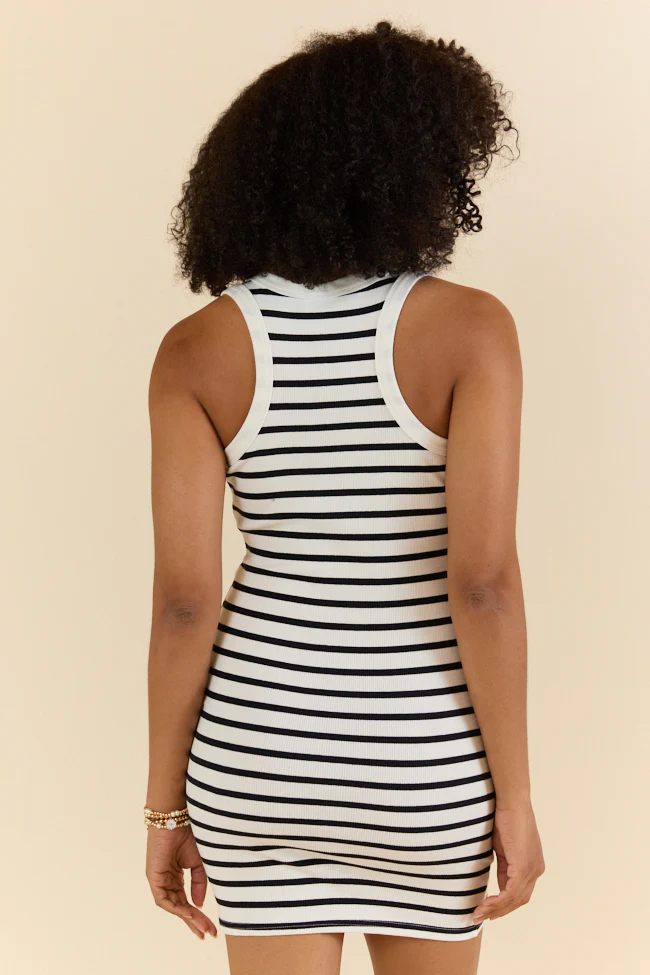 Lead The Way White and Black Striped Knit Dress DOORBUSTER - Terpint