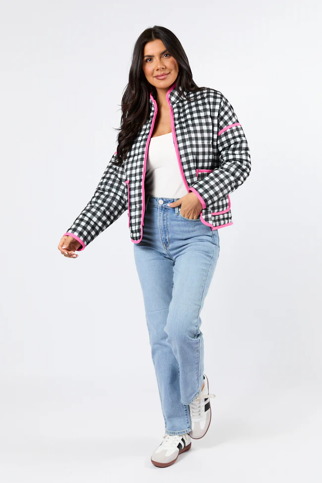 Going For It Black Gingham Printed Zip Up Jacket FINAL SALE - Terpint