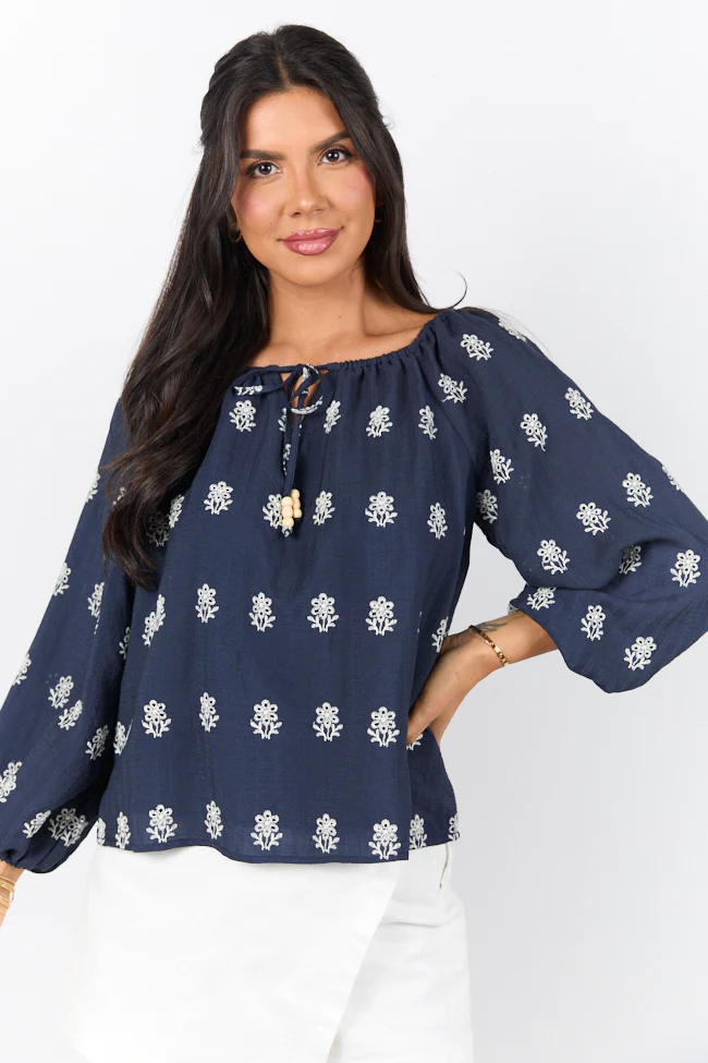 Come Along Navy Embroidered Woven Pop Over Blouse FINAL SALE - Terpint