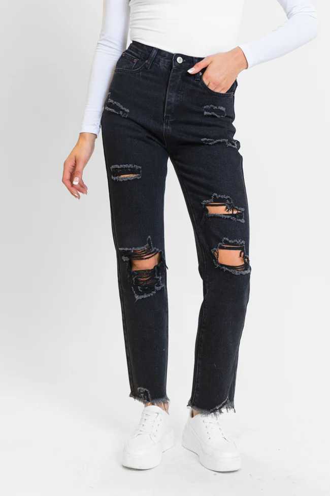Megan Black Wash Distressed Straight Leg Tall Mom Jeans FINAL SALE - Terpint