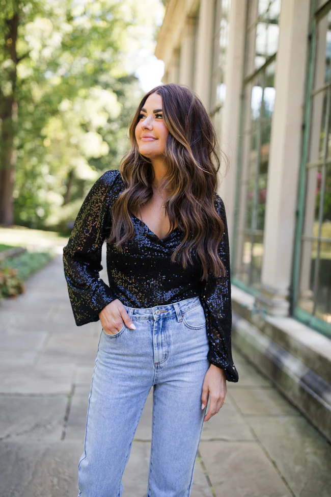 Holiday Toast Black Puff Sleeve Sequin Bodysuit FINAL SALE - Terpint