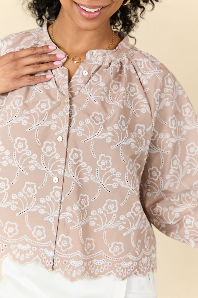 Downtown Delight Tan Embroidered Blouse FINAL SALE - Terpint