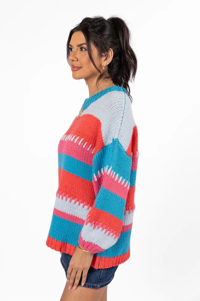 Something Extra Blue Multi Stripe Chunky Knit Stitch Detail Sweater FINAL SALE - Terpint