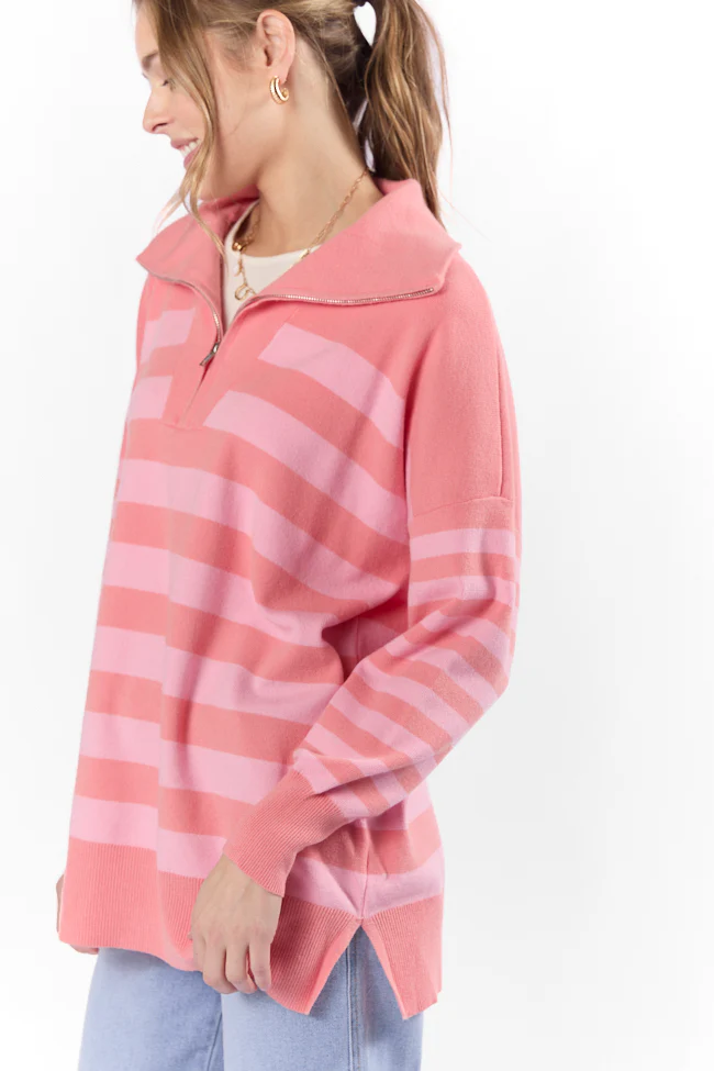 Pulling Heartstrings Coral Multi Stripe Quarter Zip Pullover FINAL SALE - Terpint
