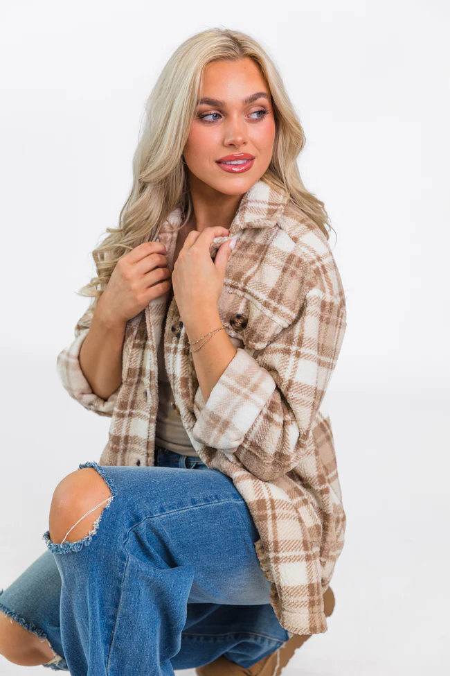 Through The Leaves Khaki Sherpa Plaid Shacket FINAL SALE - Terpint