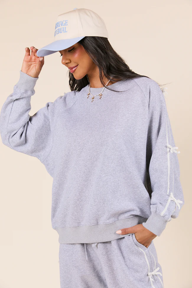 Kinley Heather Grey Side Bow Detail Crewneck Sweatshirt - Terpint