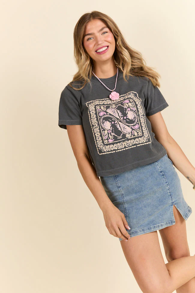 Bandana Print Dark Grey Boxy Graphic Tee - Terpint
