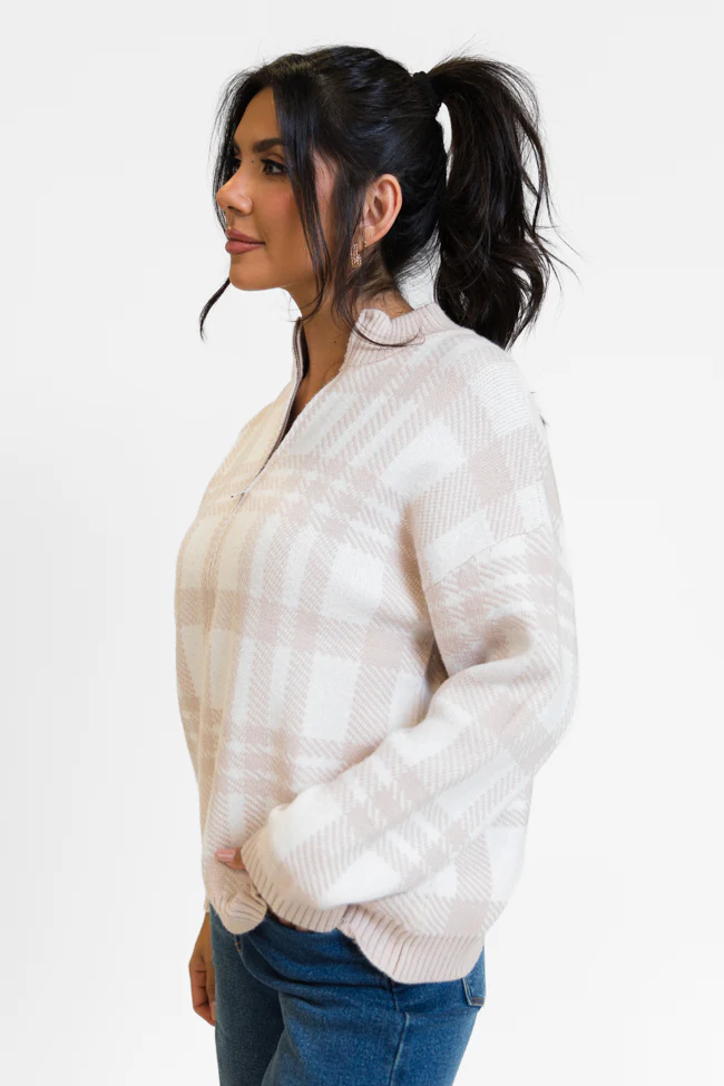 Make It Count Beige Plaid Printed Quarter Zip Pullover FINAL SALE - Terpint