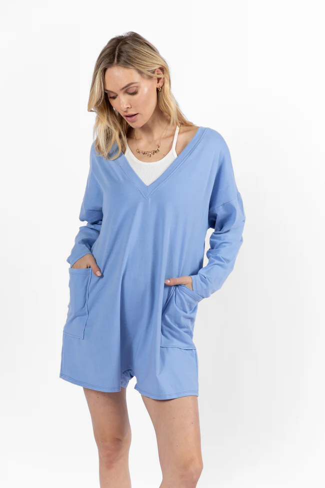 On A Daily Basis Indigo Deep V-Neck Pocketed Long Sleeve Romper FINAL SALE - Terpint