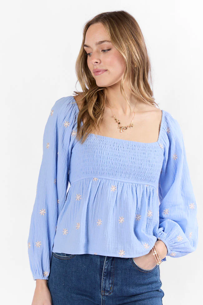 Darling Days Blue Floral Embroidered Gauze Top - Terpint