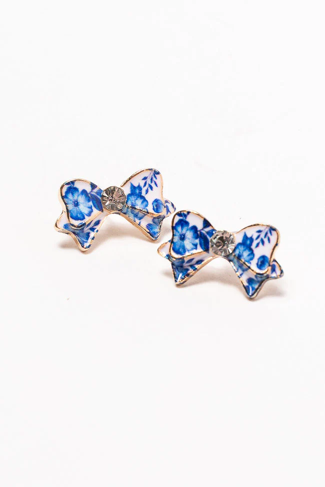 Blue Floral Printed Bow Earrings - Terpint