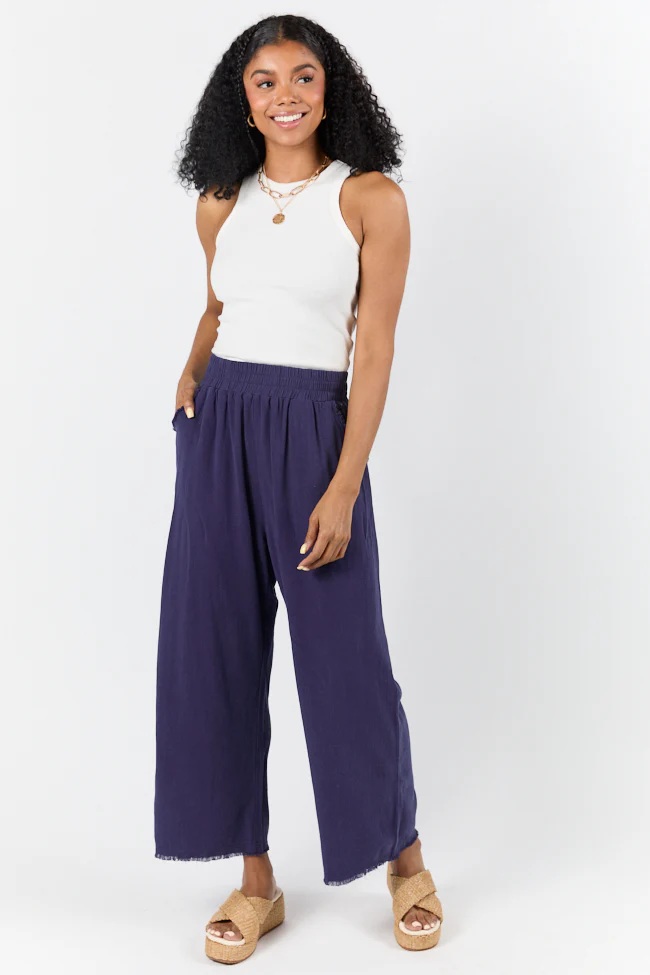 Look Your Best Navy Frayed Detail Ankle Length Pants FINAL SALE - Terpint