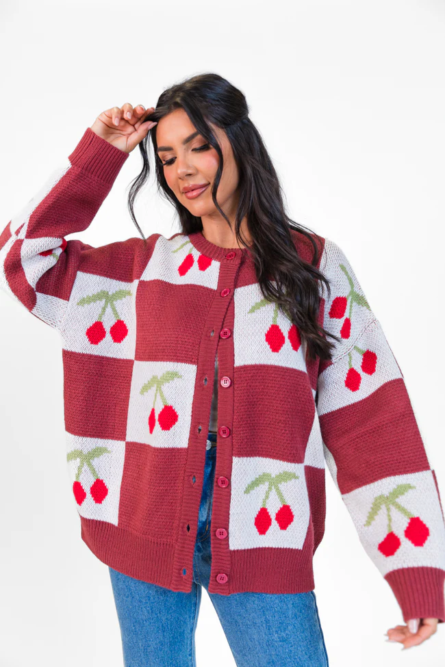 Cherry Much In Love Brick and White Multi Checkered Cardigan FINAL SALE - Terpint